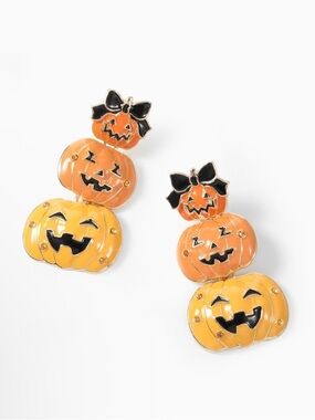 Stacked Pumpkin Jack-O-Lanterns Studded Dangle Earrings